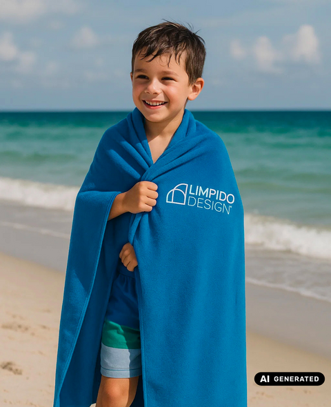 bambino in piedi con il mare come sfondo alle sue spalle coperto on un telo blu con logo limpido design