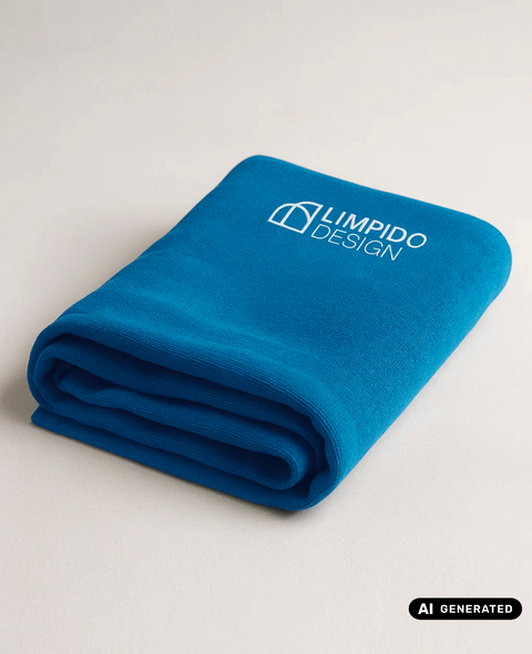telo blu piegato con logo Limpido design